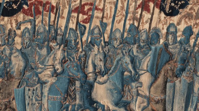 cavalry. Close-up of an ancient tapestry section depicting medieval cavalry and shield walls. event programs, museum guides, designed for cultural heritage projects and event programs.
