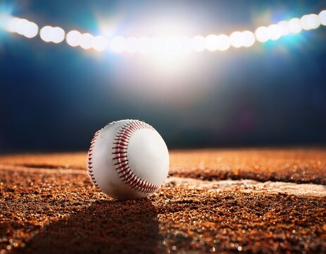 closeup white old baseball ball during game at stadium illuminated by the headlights evening light on the baseball field