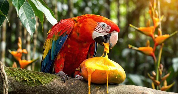 Scarlet Macaw eating a fresh mango perched on a branch in the jungle