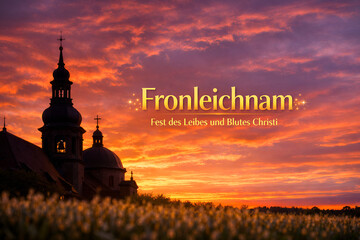 fronleichnam church silhouette at sunset with dramatic sky, corpus christi celebration in rural landscape, catholic feast evening background