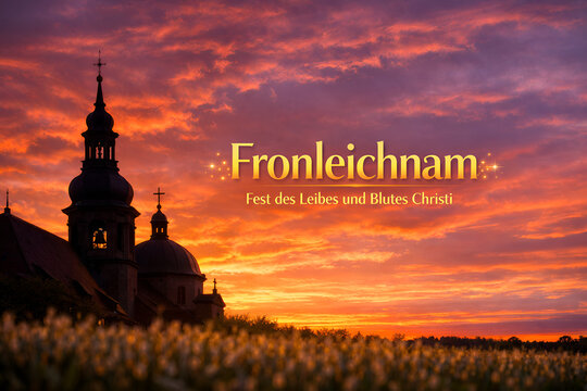 fronleichnam church silhouette at sunset with dramatic sky, corpus christi celebration in rural landscape, catholic feast evening background