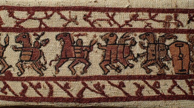 cavalry. Close-up of an ancient tapestry section depicting medieval cavalry and shield walls. event programs, museum guides, designed for cultural heritage projects and event programs.
