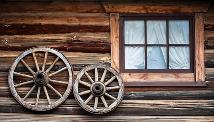 Obraz premium two old wagon wheels are mounted on a wooden wall beside a small window the wood exhibits a rich weathered texture and rustic charm