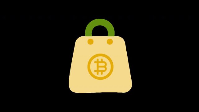 A minimalist vector illustration of a shopping bag with a Bitcoin symbol representing cryptocurrency purchases