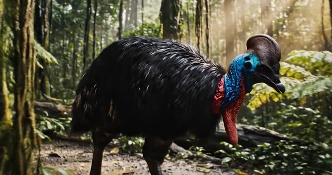Southern Cassowary Standing in a Tropical Rainforest Looking Around
