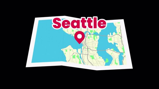 Seattle Map Animation, Unfolding Paper Map with Location Pin, 4K Transparent Background