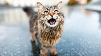 Fototapeta premium Brown tabby cat standing on damp ground, with its mouth open and gazing upwards while vocalizing, indicating a need for attention or hunger