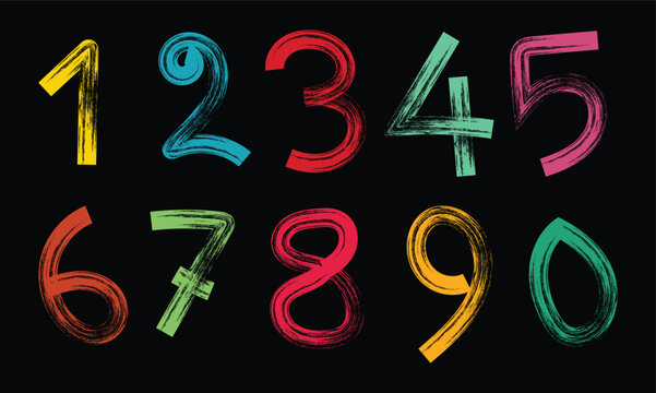 brushCollection of colorful grunge brush hand drawn numbers from 0 to 9. Dirty painted numbers set. Hand drawn grunge symbols. 