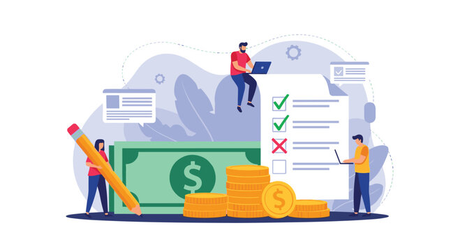 Business people organizing finances and checking documents near money and coins for corporate growth and success.