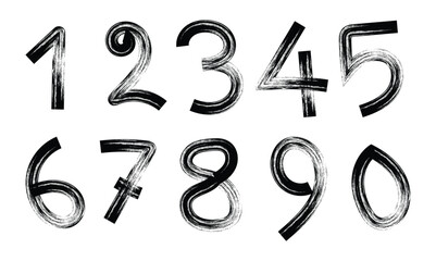 Collection grunge brush drawn numbers from 0 to 9. Hand drawn grunge symbols. Dirty painted numbers set. Hand drawn typography vector elements. Distressed characters with bold dry brush strokes. © ArtifyLabs
