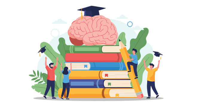 Group of students and teachers standing around a large stack of books topped with a giant human brain for learning.