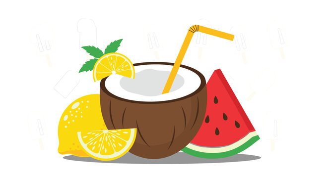 Summer themed composition featuring a fresh coconut drink with a straw, a lemon, and a slice of red watermelon.