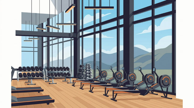 Modern gym interior with rowing machines and weights at sunset