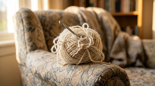 A single crochet hook tucked into a messy ball of undyed wool, on a worn armchair arm