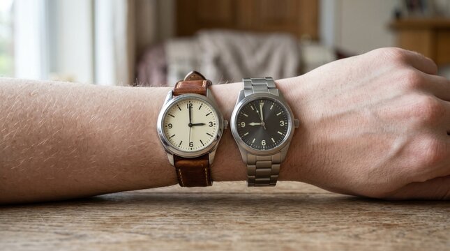 Two different watches showing different times on one wrist, facing opposite directions