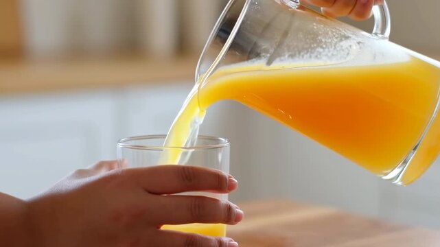 Juice Pouring Scene. Bright Morning Illumination As Individual Transfers Orange Juice Into Glass Cup