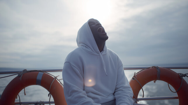 Young black man yawning widely on a boat, wearing a white hoodie, feeling exhaustion, relaxation, or boredom