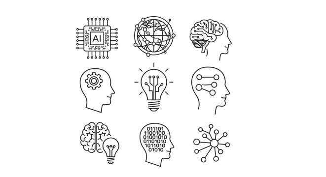 Artificial intelligence and machine learning line icon set