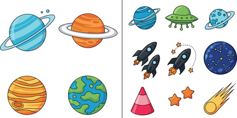 Space and Planet Vector Set Featuring Planets, Rockets, UFOs, Stars, and Cosmic Objects for Space Exploration and Educational Designs © MdRaisul
