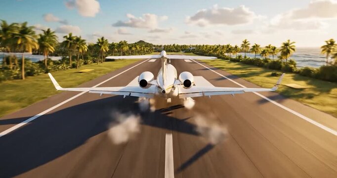 Private Jet Landing on a Tropical Island Runway Near the Ocean