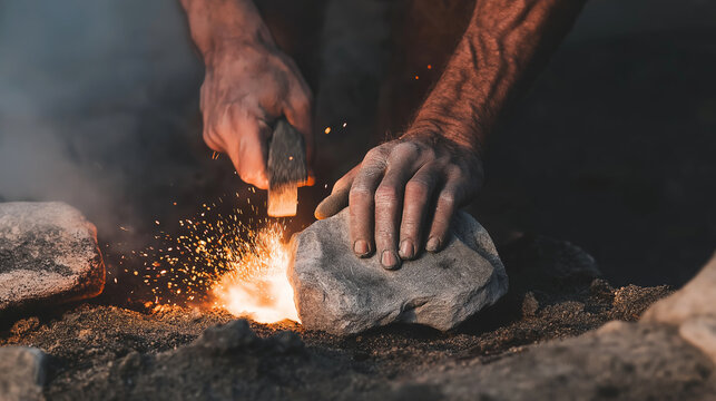 Close up of primal hands creating fire with striking tools and glowing embers, illustrating ancient survival skill