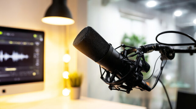 Recording studio featuring a close up microphone and computer monitor displaying sound waveforms, showing broadcast production