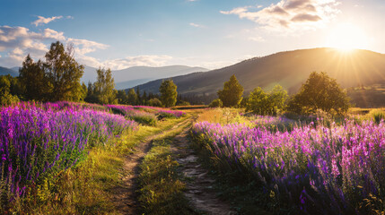 Naklejka premium Rural path traversing vibrant purple flower field with green trees and rolling hills, morning sun shining in a clear sky