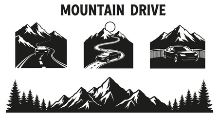 Obraz premium Mountain drive illustration with scenic road and vehicles in a mountainous landscape