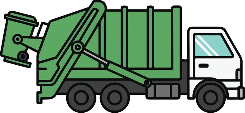 Flat Style Green Garbage Truck with Waste Bin Side View Illustration for Sanitation and Recycling Service Design