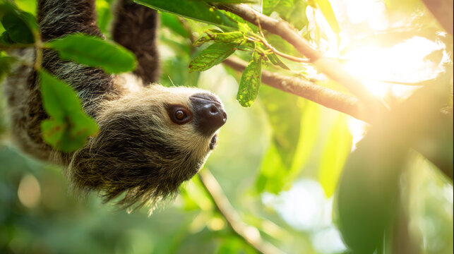 Sloth hanging relaxed from a tropical tree branch. Close up on its face looking into the vibrant natural forest environment