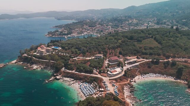 Aerial Drone Panorama of Kanoni Coastline and Rugged Mountains in Corfu Greece