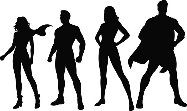 Superhero silhouettes vector set male female heroes standing powerful poses black shapes collection design