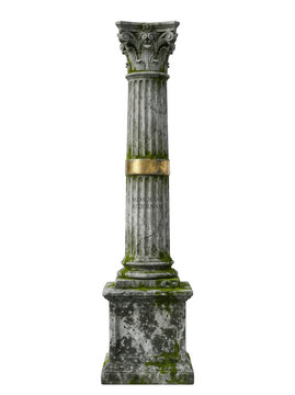 Mossy ancient stone column with gold band, transparent background