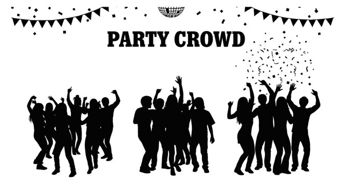 Dancing crowd with confetti and disco ball in vector silhouette style