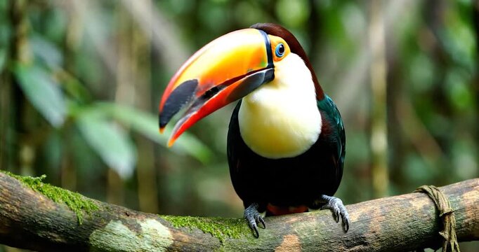 Toco Toucan perched on a tropical tree branch in the rainforest