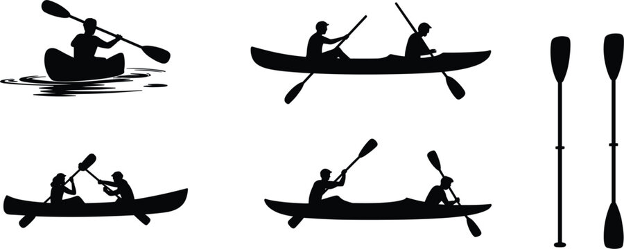 Kayaking silhouettes vector set canoe paddlers and paddles black outdoor water sport collection design