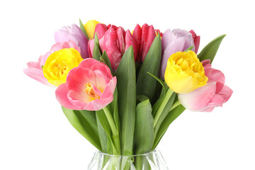 Fototapeta premium Bouquet of colorful tulips in vase isolated on white