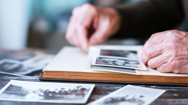 Senior hands carefully arranging vintage prints in a memory album, preserving family history and cherished moments