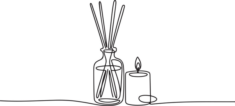 Continuous one line drawing of Candle and Reed Diffuser Oil. Single line drawing illustration of Reed diffuser bottle.one line Art icon drawing vector
