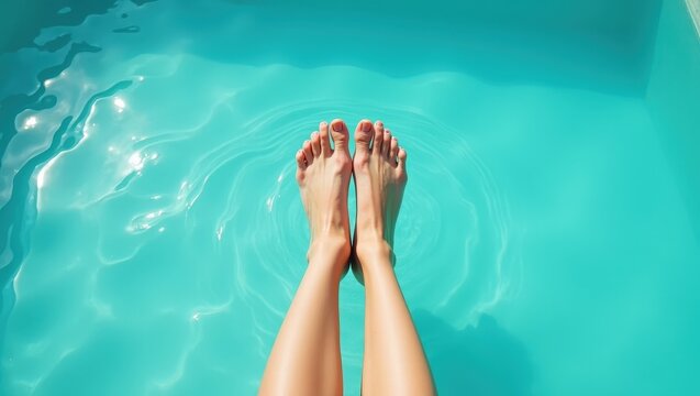 Female legs relaxing in clear turquoise pool water, sunlight reflections on skin, summer vacation concept, minimal composition with copy space, leisure, wellness, travel mood, refreshing atmosphere