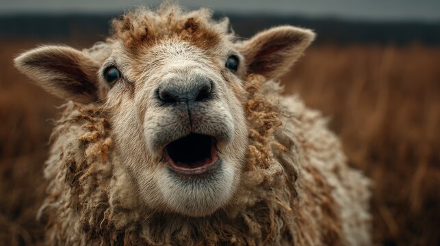 Close up of a surprised woolly sheep bleating with mouth open in a moody rural field, rustic farm animal portrait showing fleece texture and expression