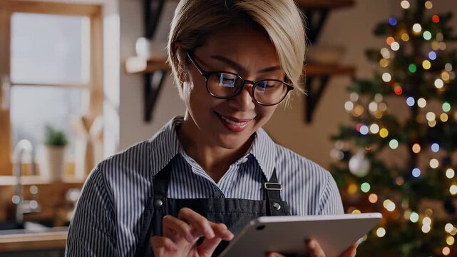Small business owner using tablet in festive Christmas decorated home kitchen, planning holiday sales