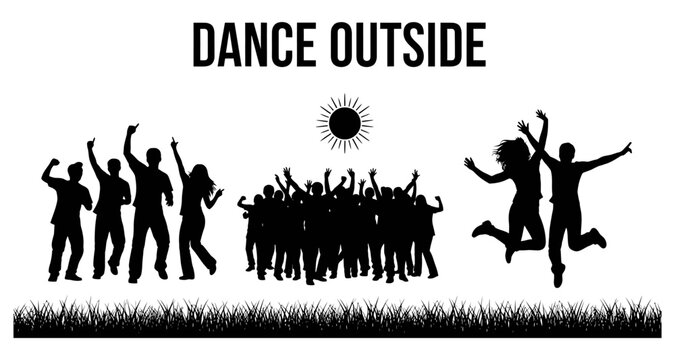 Joyful people dancing and jumping during daytime celebration with sun and grass vector silhouette