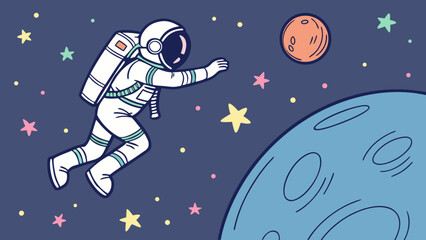 Astronaut in Space, Space Suit, Stars, Planets, Vector Illustration, Space Exploration, Cartoon Style © Adobe