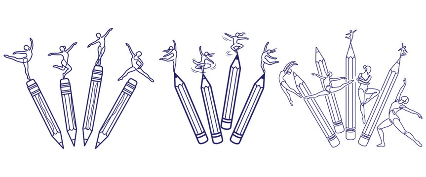 Dynamic collection of line art drawings featuring dancers gracefully interacting with pencils, illustrating movement and creativity.