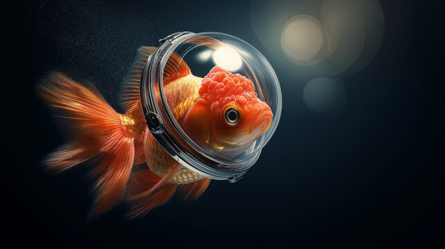 Goldfish astronaut in clear helmet floating through dreamlike outer space, exploring the unknown universe