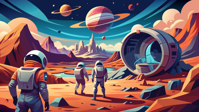 Space Exploration, Astronauts on Mars, Planet Landscape, Sci-Fi Vector