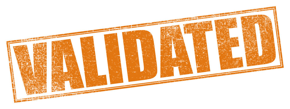 Validated stamp in orange color on white background for business approval on Transparent Background