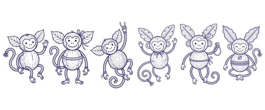 Set of cute monkey characters in hand drawn line art style for coloring book or sticker design with various body poses.