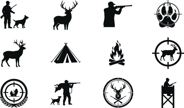 Hunting and outdoor adventure silhouette collection showing hunters, dogs, deer, campfire, tents, and target concept for wildlife and survival design